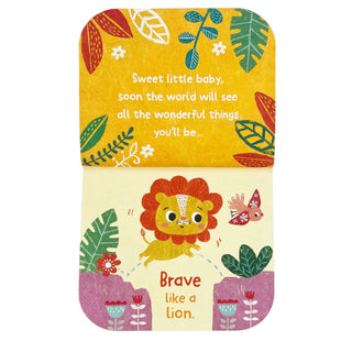 Children's book with a lion illustration and motivational text on a yellow background