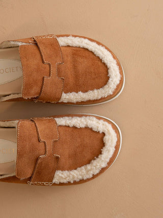 The Avalon Caramel Suede Shearling Cozy Loafer Mule