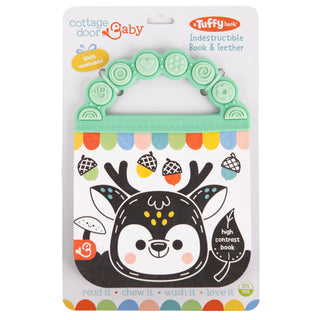 Package of Tuffy Baby Indestructible Book & Leather with a cartoon deer design on a white background.