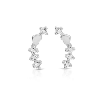 Pair of silver earrings with small diamonds on a white background