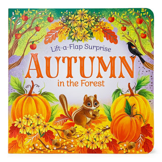 Book cover of 'Autumn in the Forest' with pumpkins, a squirrel, and fall foliage.