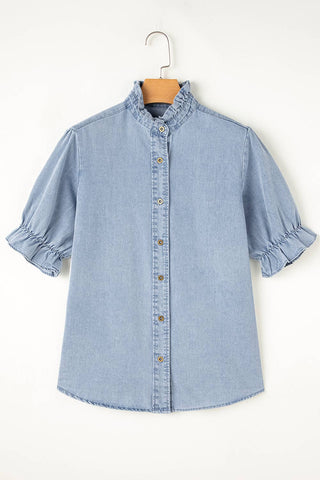 Chambray Denim button up the front shirt with ruffle sleeves and collar