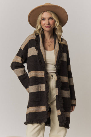 BOHO STRIPED FRINGE LONG CARDIGAN