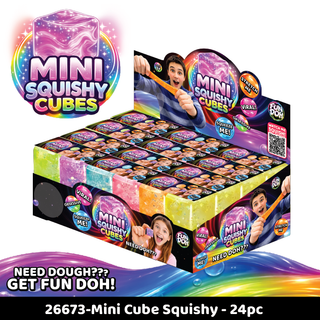 Box of Mini Squishy Cubes with colorful packaging and toy images.