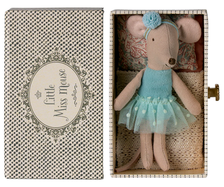 Stuffed mouse toy in a decorative box with 'Little Miss Mouse' branding.