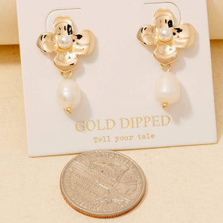 Gold Dipped Flower And Pearl Charm Earrings