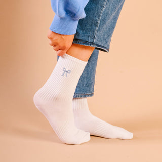 Embroidered Crew Socks-Blue Bow