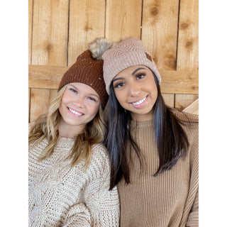 Sequin Brioche Cable Knit Fur Pom C.C Beanie