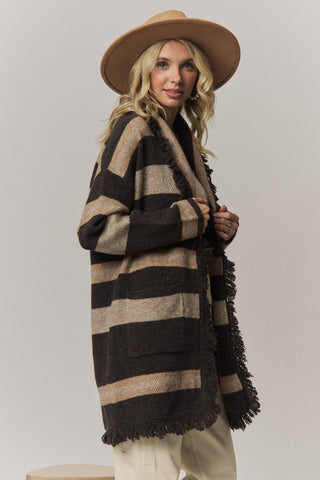 BOHO STRIPED FRINGE LONG CARDIGAN
