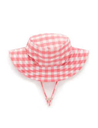 Pink and white checkered sun hat on a white background