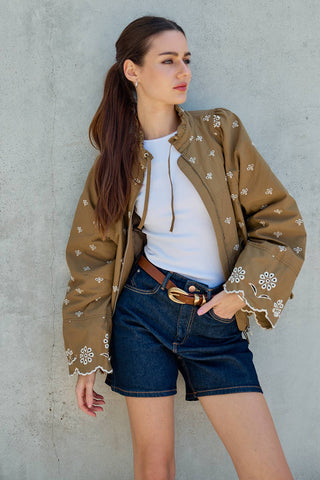 Embroidered Detail Zip-Up Jacket