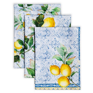 Set of three decorative napkins with lemon and tile pattern on a white background