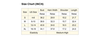 Size chart in inches for clothing measurements on a white background