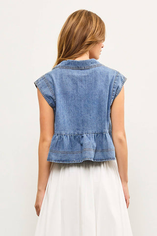 Denim capsleeve babydoll top with collar