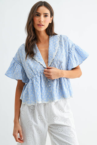 Sky Blue Gingham Embroidered Scalloped Peplum Blouse