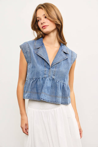 Denim capsleeve babydoll top with collar