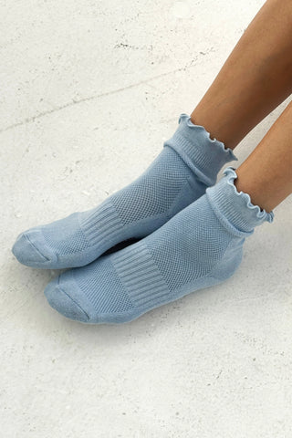 Le Bon Shoppe Ruffled Hugger Crew Socks - Periwinkle & Red Lettuce Edge