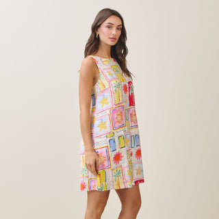 Island Escape Postcard Print Mini Dress – Vibrant Tropical Sleeveless Shift