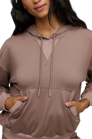 Person wearing a brown hoodie with a plain background