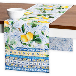 Table runner with lemon design on a wooden table