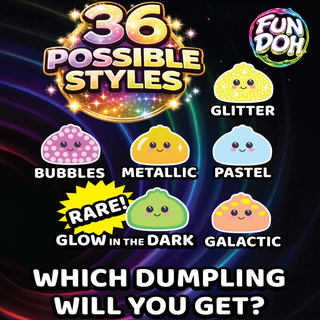 Promotional graphic for a '36 Possible Styles' dumpling mystery pack by Fun Doh, showing six cute cartoon dumpling illustrations labeled Bubbles, Glitter, Metallic, Pastel, Rare Glow in the Dark, and Galactic, with text asking 'Which dumpling will you get?'.