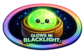 Toy with a smiley face glowing in blacklight against a colorful, starry background