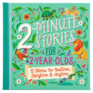 Book cover of '2-Minute Stories for 2-Year-Olds' with colorful illustrations on a green background