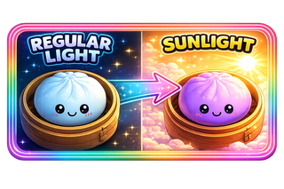 Two cute cartoon buns in a steamer, one labeled 'Regular Light' and the other 'Sunlight', with a rainbow border.