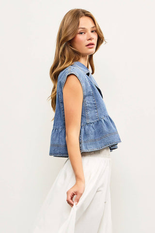 Denim capsleeve babydoll top with collar