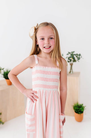 Pink and White Striped Romper with pockets. Childrens. 