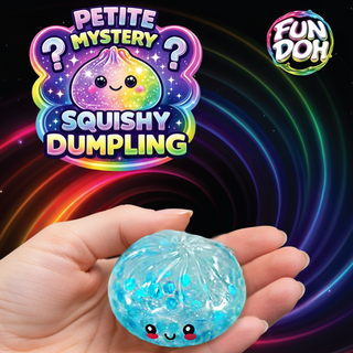 A hand holds a small, round, translucent blue glittery squishy dumpling toy with a cute face. The background is a dark space-like graphic with rainbow swirls, featuring a 'Petite Mystery Squishy Dumpling' logo on the left and a 'Fun Doh!' logo on the right.