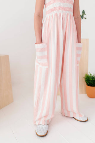 Pink and White Striped Romper with pockets. Childrens. 