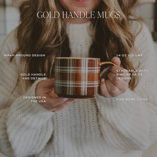 Person holding a plaid mug with gold handle, text detailing mug features.