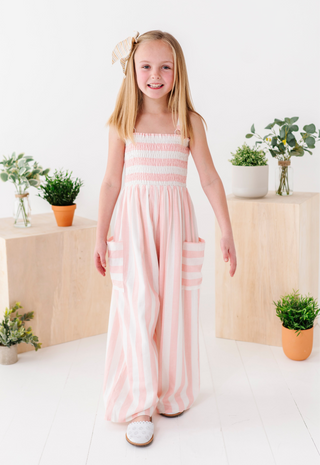 Pink and White Striped Romper with pockets. Childrens. 