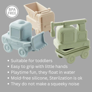 Three silicone toys shaped like construction vehicles on a gray background with product features listed.