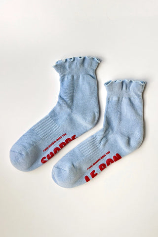 Le Bon Shoppe Ruffled Hugger Crew Socks - Periwinkle & Red Lettuce Edge