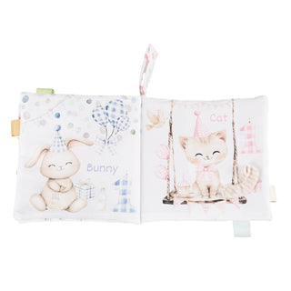 Children's soft book with cartoon characters on a white background