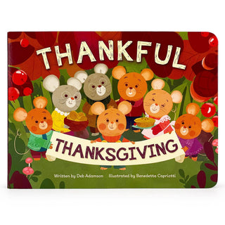 Book cover of 'Thankful Thanksgiving' with illustrated mice around a banner