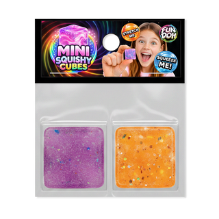 Pack of Mini Squishy Cubes with purple and orange cubes, featuring Fun Doh branding.