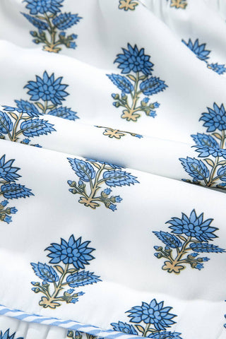 Close-up of fabric with blue floral pattern on white background