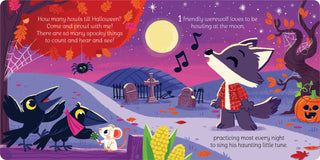 A colorful children's book or poster illustration featuring a Halloween scene with a gray fox in a red plaid shirt singing under a full moon, crows, a mouse, tombstones, pumpkins, corn, and spooky trees. Text bubbles with rhyming lyrics appear around the illustrated scene.