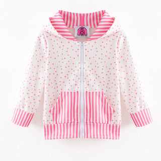 Children's jacket with pink polka dots and stripes on a white background