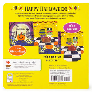 Back cover of a children's book with Halloween-themed illustrations and text.