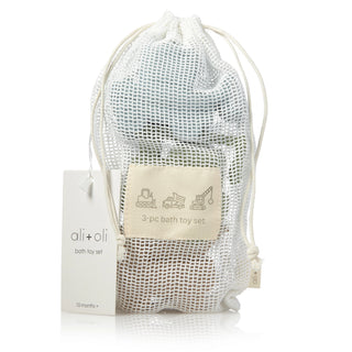 Mesh bag with bath toy set packaging labeled 'ali + oli' on a white background