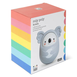 Roly poly koala toy packaging with colorful stripes on a white background