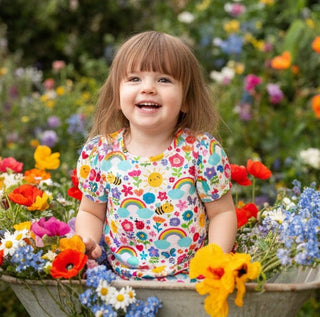 Child in a floral shirt surrounded by flowers outdoors