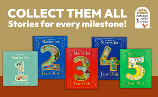 Set of books titled 'Stories for Every Milestone' by Cottage Door Press on a brown background.