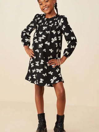 Girls Ditsy Bow Print Smock Detail Dress