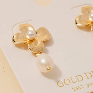 Gold Dipped Flower And Pearl Charm Earrings