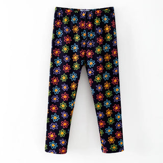 A pair of black leggings with an all-over colorful floral pattern, displayed flat against a plain white background.